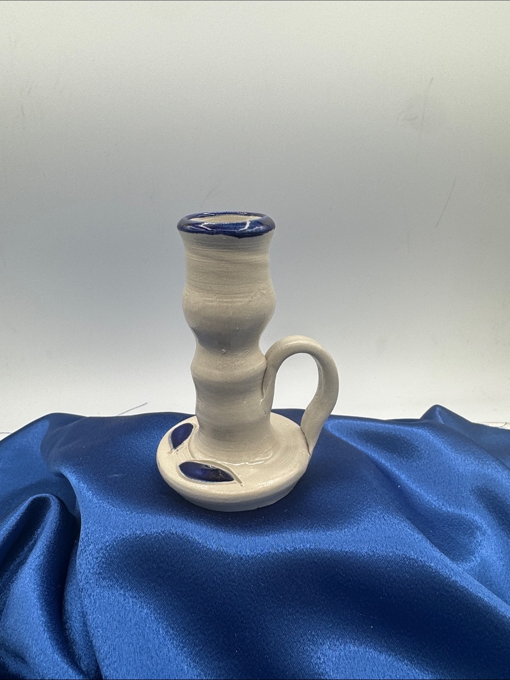 Williamsburg Pottery VA Bedside Candlestick Holder Cobalt Blue Salt Glaze 4.5”